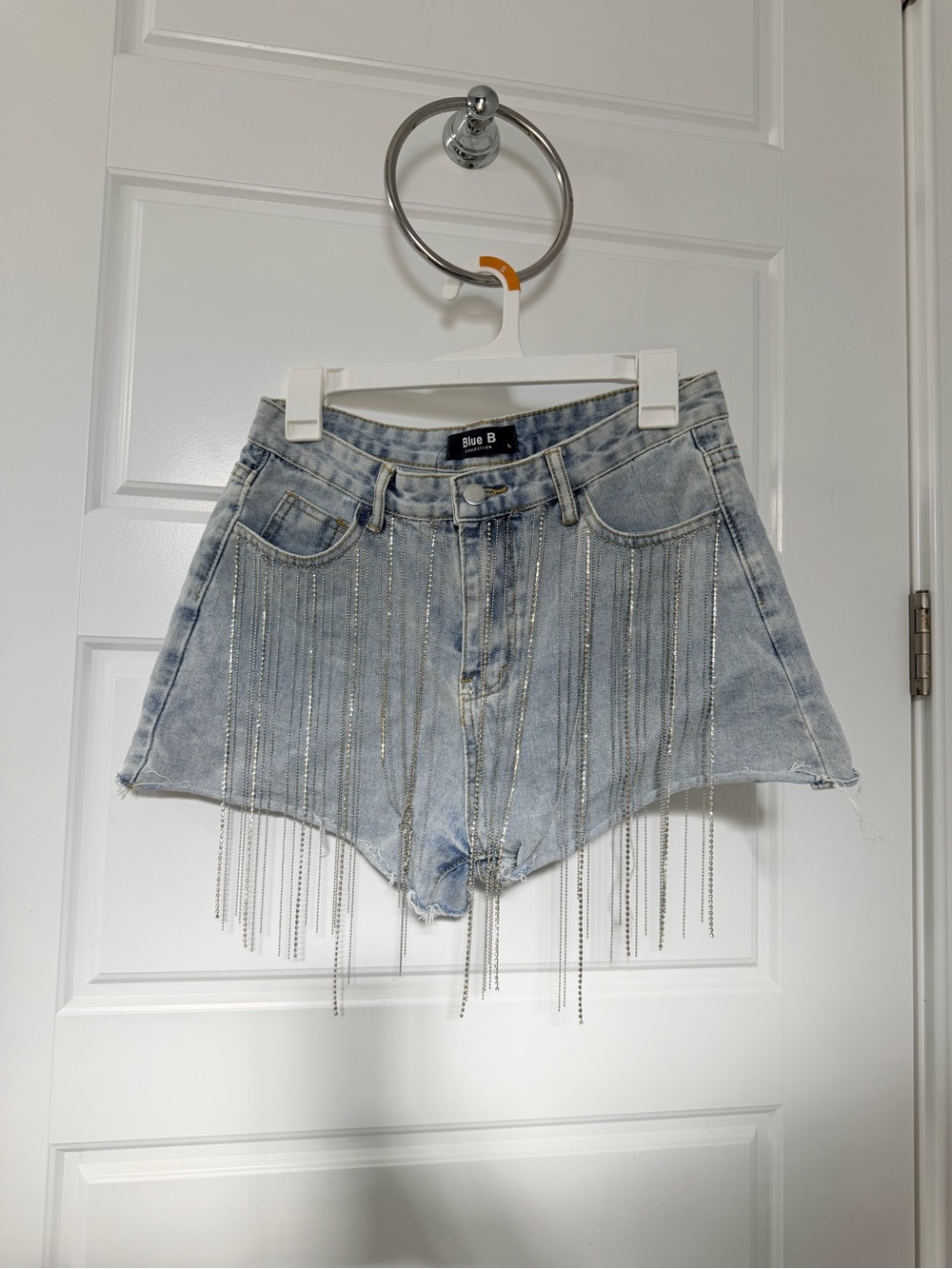 Silver Fringe Light Wash Denim Shorts by Blue B